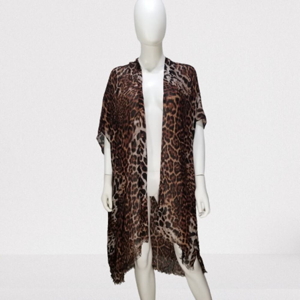 Women's Moss Rose Brown Leopard Fringed Hem Kimono, Size O/S, New